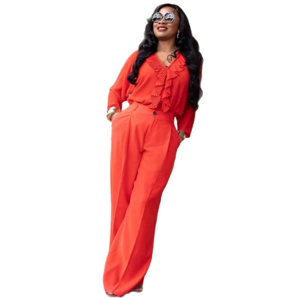 ZARA Ruffle Long Sleeve Shirt African Loose Solid Casual Pants 2 Piece Set Women